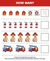 Education game for children count how many cute cartoon fire extinguisher firefighter firetruck and write the number in the box printable profession worksheet vector