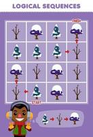 Education game for children logical sequence help boy sort snowy tree from start to finish printable winter worksheet vector