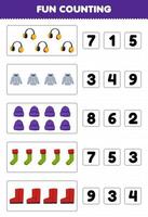 Education game for children fun counting and choosing the correct number of cute cartoon earmuff hoodie beanie sock boot printable winter worksheet vector