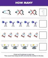 juego educativo para niños cuente cuántos lindos dibujos animados nave espacial telescopio cohete robot y escriba el número en el cuadro hoja de trabajo imprimible del sistema solar vector