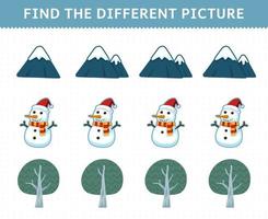 Education game for children find the different picture in each row of cute cartoon mountain snowman tree printable winter worksheet vector