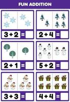 Education game for children fun addition by counting and sum of cute cartoon snowflake tree snowman house printable winter worksheet vector