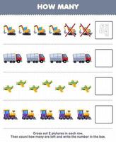 Education game for children count how many cute cartoon excavator truck airplane locomotive train and write the number in the box printable transportation worksheet vector