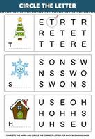 Education game for children circle the beginning letter from cute cartoon christmas tree snowflake snowy house printable winter worksheet vector