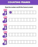 Educational game for kids read the number and fill the frames from cute cartoon purple sock printable winter worksheet vector