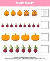 Education game for children count how many cartoon onion shallot pumpkin beet and write the number in the box printable vegetable worksheet vector