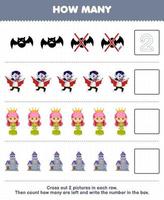 Education game for children count how many cute cartoon bat dracula queen castle and write the number in the box printable halloween worksheet vector