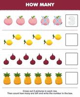 Education game for children count how many cartoon peach lemon fig pineapple and write the number in the box printable fruit worksheet vector