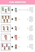 Education game for children fun counting and add one more cartoon boy and girl playing ski then choose the correct number winter worksheet vector