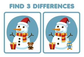 juego educativo para niños encuentra tres diferencias entre dos lindos muñecos de nieve de dibujos animados hoja de trabajo de invierno imprimible vector