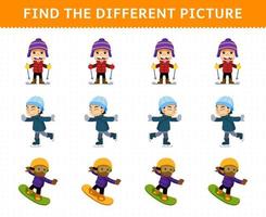 Education game for children find the different picture in each row of cute cartoon boy playing ski snowboard and ice skating printable winter worksheet vector