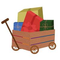 Wooden cart with Christmas presents. vector