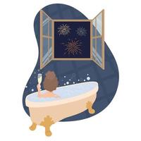 Relaxed woman lying at bath tub with a glass of champagne and bubbles foam.  Open window view with fireworks. Woman taking a bath.Bubble Bath day. vector