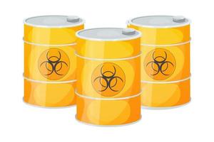 Set Metal yellow barrel toxic, dangerous sign in cartoon style isolated on white background. Radioactive, flammable. Vector illustration