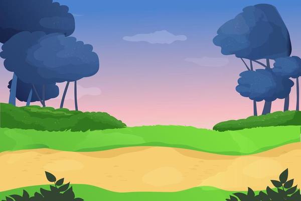 Game level background, magic road and fantasy landscape in cartoon style. road, green field and forest. Vector illustration