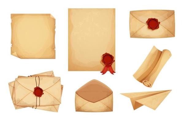 Set vintage magic envelope, letters, parchment paper, scroll with red wax seal in cartoon style isolated on white background. Old grunge paper,textured. Antique mail, correspondence.