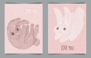 Cute bunnies freehand drawing. Lettering love you. Poster for the children's room. Postcard for Valentine's Day. vector