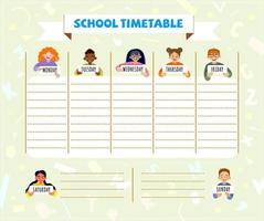 Elementary school timetable. Daily and weekly planner for kids. Weekly planner template with cartoon school kids and symbols on light background. vector