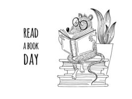dibujo de una linda rata con gafas sentada en una pila de libros y leyendo. leer un libro al día. vector