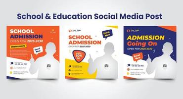 Back to school admission social media post or school admission social media post design template and color combination square web banner set template vector