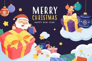 Merry Christmas greeting card. Flat illustration of Santa Claus and elves with lots of gifts storing on clouds on dark blue background vector