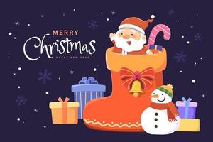 Xmas and new year card. Flat illustration of Santa Claus greeting from red stocking with wrapped gifts placed around on dark blue background. Concept of bringing gifts as holiday surprise vector