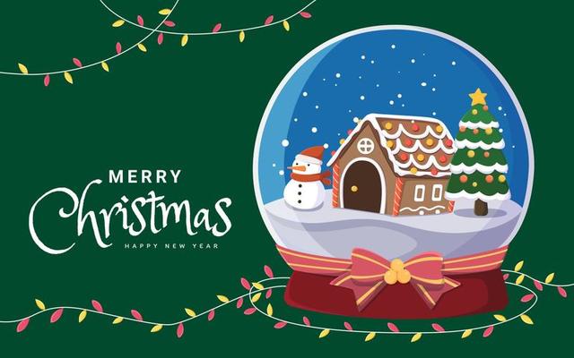 Green Christmas crystal ball card. Flat illustration of Xmas theme glass ball decorated with string lights on dark green background