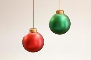 Adornos colgantes de bolas de navidad en 3d. ilustración bolas rojas y verdes con cuerdas de metal dorado colgando de arriba vector