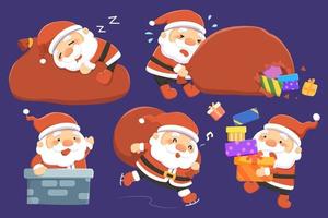 Santa Claus characters design set. Flat illustration of ways of how Santa Claus delivering presents isolated on dark blue background vector