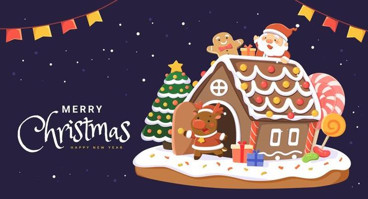 Xmas gingerbread house card design. Flat illustration of snow covered house with Santa and reindeer placed around on dark blue background