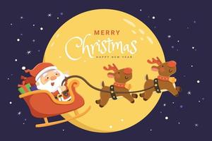 Cute Christmas Eve greeting card. Flat illustration of Santa Claus riding reindeers chariot passing by a large full moon on Xmas eve vector