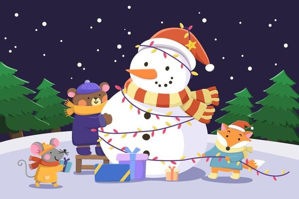 Christmas card design. Flat illustration of mouse, bear and wolf decorating a snowman with Xmas string lights and gift boxes on a snowy night outdoor