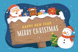 Blue Xmas greeting card. Flat illustration of a snow covered signboard decorated with Christmas objects, Santa and other characters on blue background