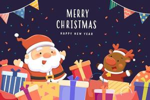 tarjeta de felicitación de navidad y año nuevo. ilustración plana de santa claus y renos con un montón de cajas de regalo sobre fondo azul oscuro vector