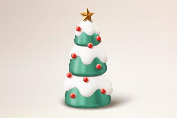 3d decorated Christmas tree. Illustration of Xmas tree covered with snow, red baubles and a golden star on top of it