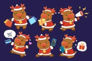 Xmas sale reindeer character set. Flat illustration of ways of Christmas reindeers doing different online shopping activities isolated on dark blue background vector