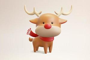 3d cute Christmas reindeer figurine. Illustration of the Christmas deer wearing red muffler on an empty background vector