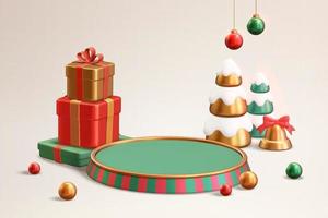 Exhibición del podio de Navidad 3d. escenario verde con franja roja y cajas de regalo, árboles de navidad y otros adornos alrededor. adecuado para la venta navideña y la exhibición festiva de productos. vector