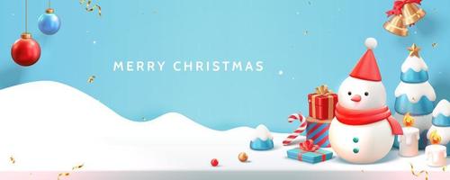 3d Merry Christmas banner in blue. Snowman standing on Christmas background with gift boxes, ornaments and Christmas trees on the snow surface background