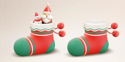 A pair of 3d Christmas stockings. One with snowman and Santa Claus figurine inside it, while the other one is empty vector