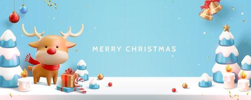 Banner de ilustración de feliz navidad 3d en azul claro. lindo ciervo con árboles de navidad, campanas, cajas de regalo en el fondo de la superficie de la nieve vector