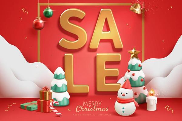 3d Christmas sale ad banner. Large sale in gold with gift boxes, snowman, ornaments, and Xmas trees on a red background
