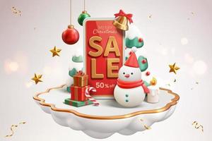 3d Christmas online sale banner ad. A mobile phone with sale text on it standing with a snowman and other festive objects over a cloud shaped stage floating on a white background. vector