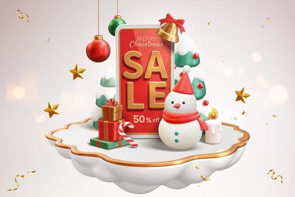 3d Christmas online sale banner ad. A mobile phone with sale text on it standing with a snowman and other festive objects over a cloud shaped stage floating on a white background.