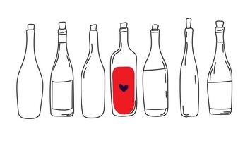 Vector wine botlles, alcohol, line art, doodle, minimalistic design.