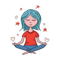 Cute girl practicing yoga, meditating in lotus pose. vector