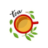 Vector illustration of cup of tea with sign tea on white background.