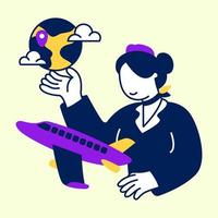 Flight attendant explains the purpose of the flight. Flat design modern vector illustration concept