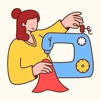 mujer cosiendo ropa con máquina de coser. concepto de ilustración de vector moderno de diseño plano