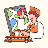 Taxi driver looking for destination location with smartphone. Flat design modern vector illustration concept
